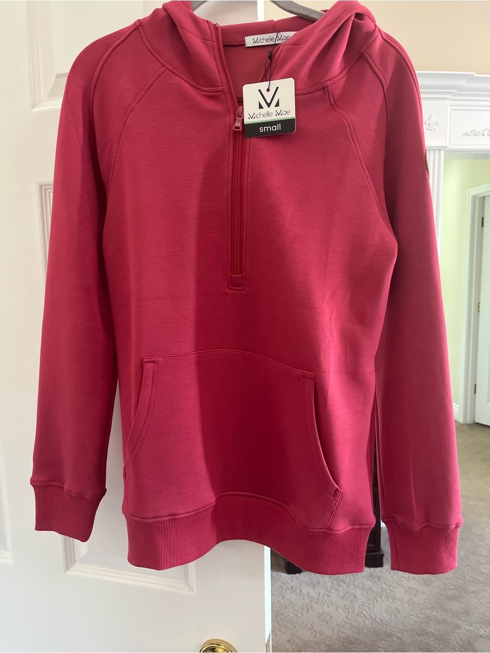 Michelle Mae Raspberry  Half-Zip Hooded Pullover Marshmallow